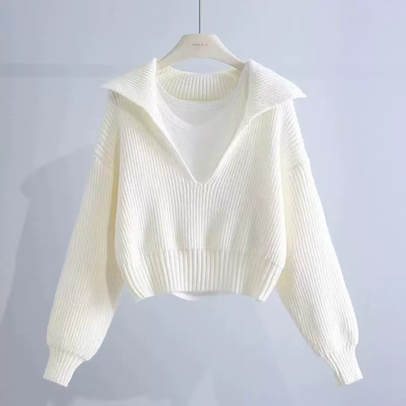 Navy Collar Thickened 2024 Women's Autumn New Petite Loose Lazy Short Pullover Knit Top