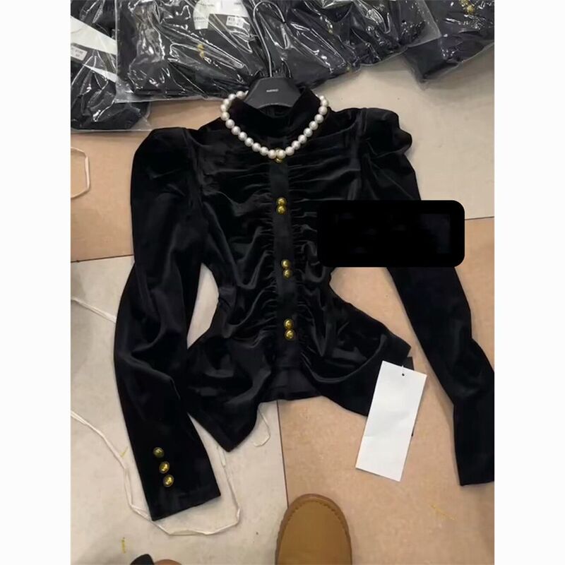 French-Style Small Fragrance Button Waist-Cinching Design Gold Velvet Shirt for Women 2023 Autumn and Winter New Versatile Slimming Top French-Style Small Fragrance Button Waist-Cinching Design Gold Velvet Shirt for Women 2023 Autumn and Winter New Versatile Slimming Top