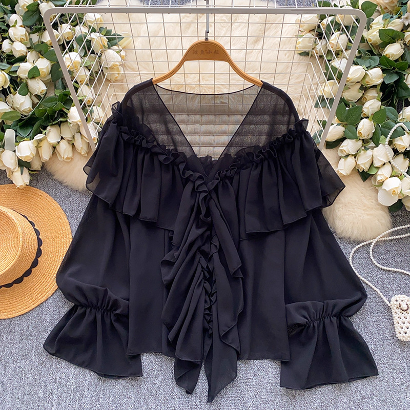 Summer Elegant Lazy Style Socialite Ruffled Trim Flared Sleeve Chiffon Blouse Loose Shirt Women's Clothing Tops_ecoleips.com