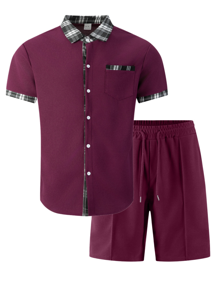 Men's Breathable Waffle Plaid Patchwork Cardigan Shirt And Shorts Set Short Sleeved Casual Suit_viptrois.com