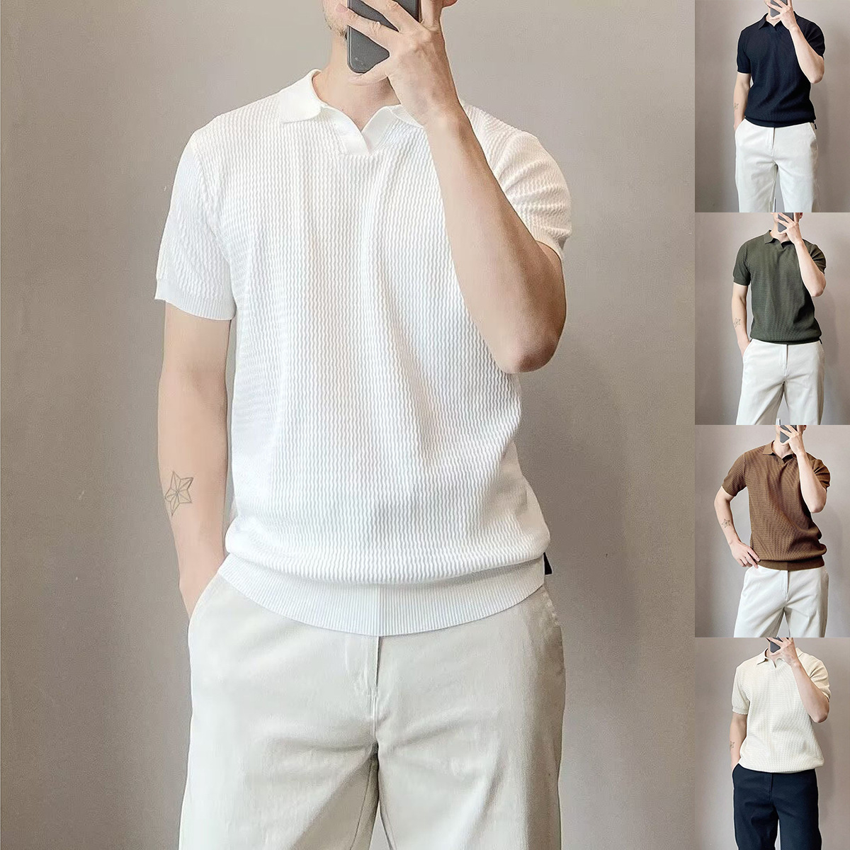 Polo camiseta camiseta de punto camiseta de manga corta camiseta hombre cuello en V seda de hielo verano fábrica transfronteriza mayorista camiseta de polo de hombre