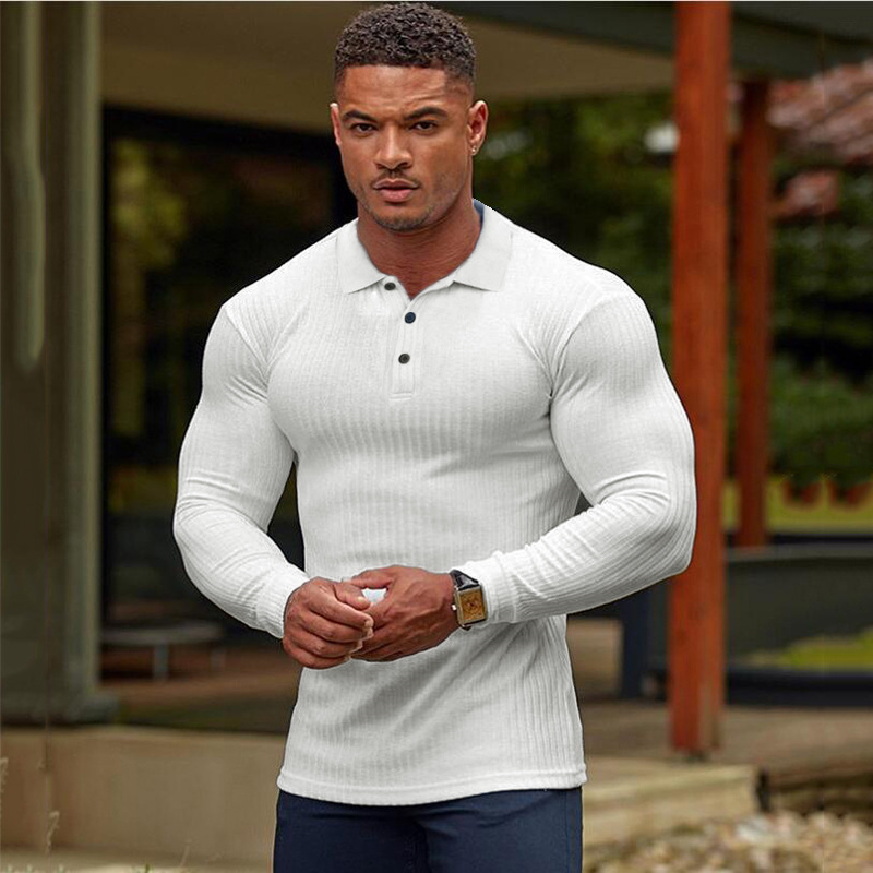 INS camisa de polo deportiva de manga larga de otoño para hombres musculosos europeos y americanos camiseta de fitness de solapa transpirable de punto elástico de moda