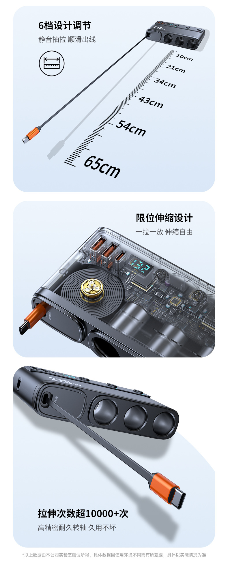 New 228W One-To-Three Car Cigarette Lighter with Retractable Cable, Fast Charging Head, Voltage Display, Car Conversion Adapter