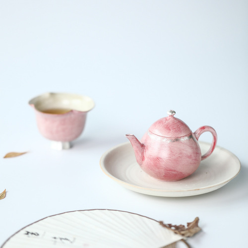 Mr. Qing Jingdezhen pure handmade red mud cherry blossom girl pink Kung Fu tea set ceramic round mouth hand-painted pot set