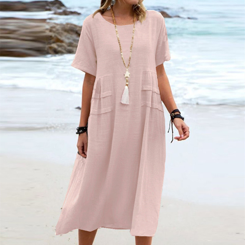 Robe d'été décontractée pour femme, coupe ample, col rond, manches courtes, longueur mi-longue, en coton et lin, couleur unie_voghion.com