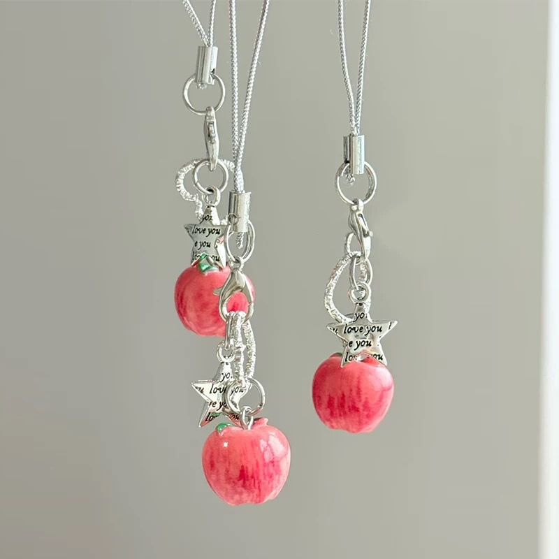 Cute Artificial Stereo Apple Star Pendant Mobile Phone Chain Keychain Decorative Bag Headphone Bag Dcd Keychain