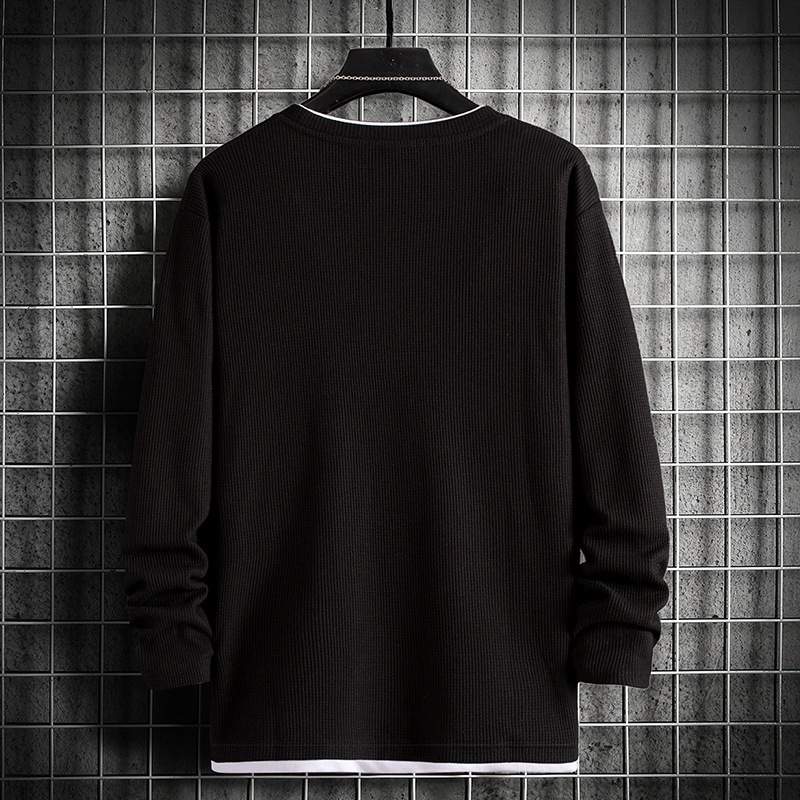 Falso de dos piezas de manga larga camiseta de los hombres de estilo americano pesado waffle suéter de primavera y otoño de moda cuello redondo jersey casual top
