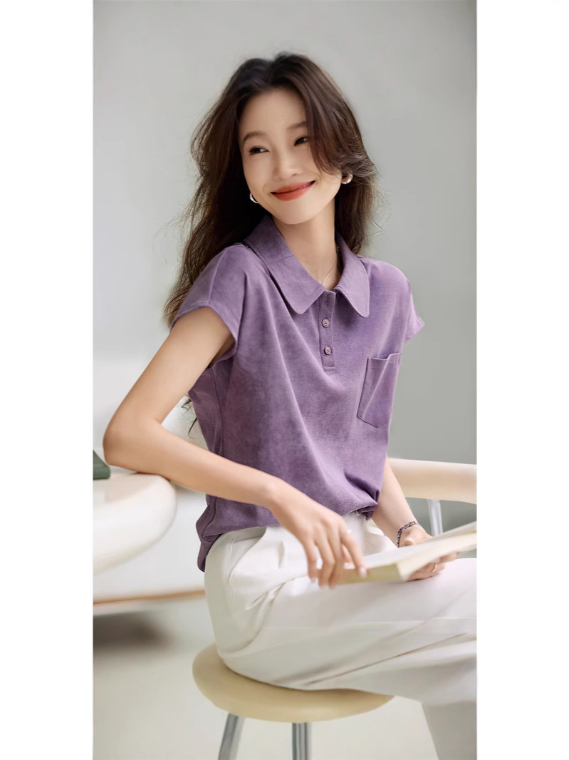 Áo thun polo cổ bẻ nữ họa tiết loang màu mùa hè — tím