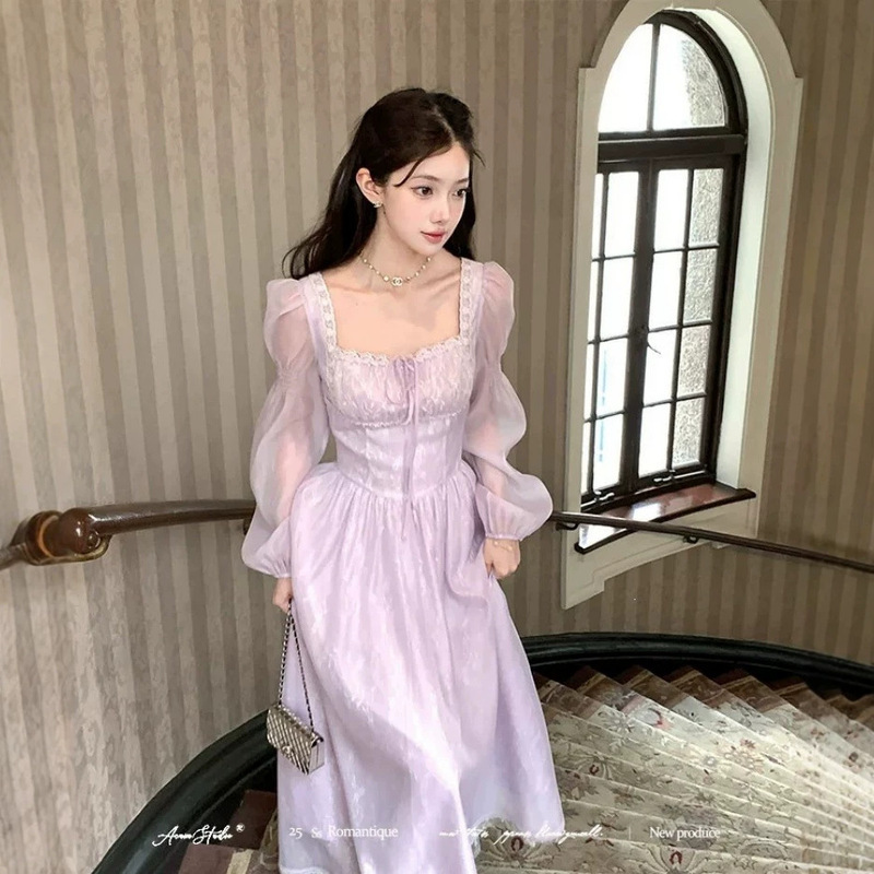 Fresh Purple Long Square-Neck Long-Sleeved Dress for Women in Summer, French Retro Style, Elegant Waist-Cinching Dress