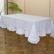 亚麻 棉荷叶边细条纹桌布餐桌布矩形餐桌外贸派对桌布桌套跨境