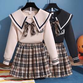 女童蝴蝶结jk制服套装裙春秋季新款学生女孩时髦学院风两件套春装