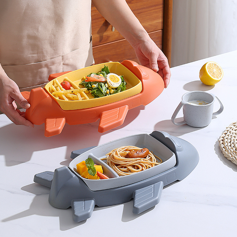 Plato de almuerzo de avión juego de seis piezas de dibujos animados de trigo jardín de infantes plato de comida para bebés vajilla de suplemento alimenticio para niños con taza, cuchillo, tenedor y cuchara
