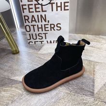 真皮轻便短靴秋季平底新款短筒圆头拉链复古毛皮单靴马丁靴子驼色