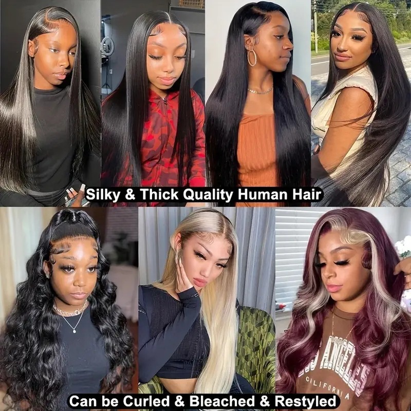 Peruca feminina longa, lisa, preta, com renda, repartição central, aparência natural, extensão de cabelo sintético para cabeça inteira._voghion.com