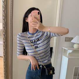 25新款P字母条纹短袖修身显瘦休闲针织上衣高端女装