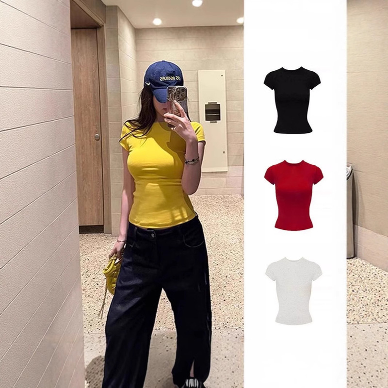 American-Style Slim-Fit Trendy Brand Top for Women with Unique Design, 2026 New Summer Solid Color Fashion Short-Sleeve T-Shirt