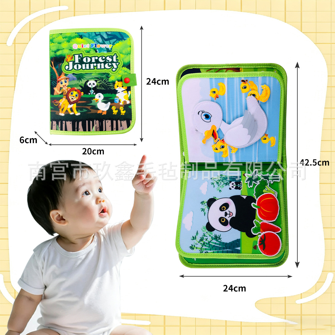 Libro de tela de felt transfronterizo para bebés rompecabezas Jungle verde libro tranquilo libro de cuentos para niños educación temprana apretada tablero de aprendizaje al por mayor