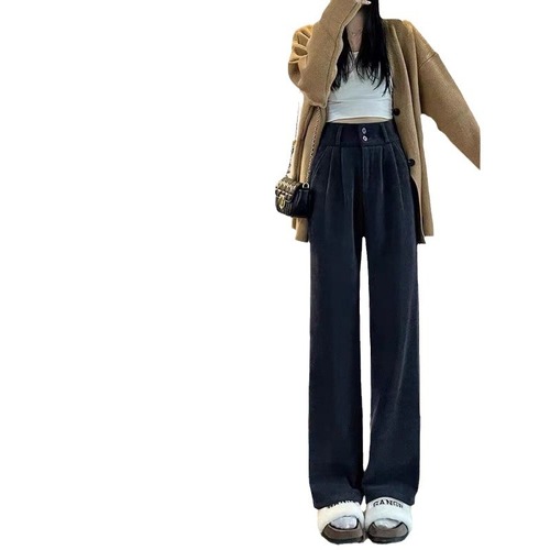 G Corduroy Suit Wide-Leg Pants for Women, Autumn/Winter Fleece-Added High-Waisted, Drapey Casual Style, Petite Size, Chenille, Slim-Fit, Straight Leg