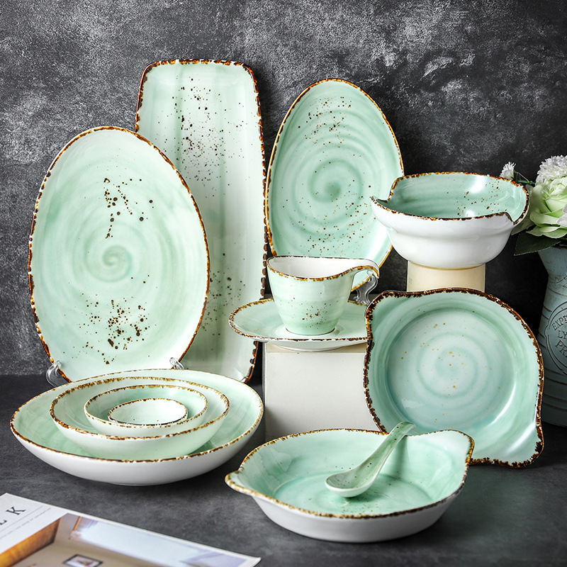 Emerald Green Hand-painted Splash Ink Ceramic Tableware Household Vintage Dinner Plate snack plate Rice Bowl Flavor Plate Cup Soup Spoon Emerald Green Hand-painted Splash Ink Ceramic Tableware Household Vintage Dinner Plate snack plate Rice Bowl Flavor Plate Cup Soup Spoon
