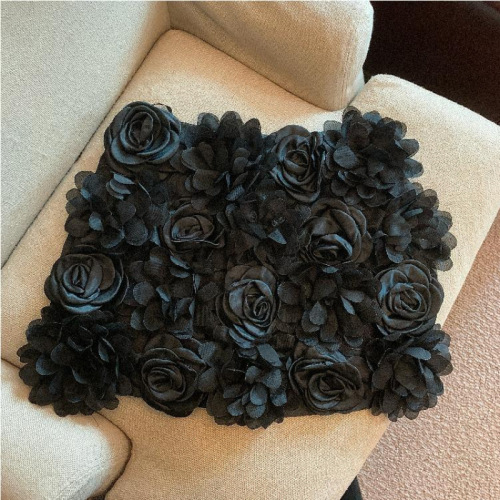 Stylish versatile 3D rose flower semi-sleeve skirt for autumn solid color high-waisted slimming A-line short skirt