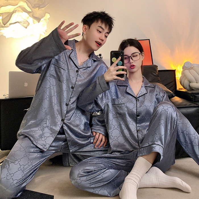 Pijama de pareja de seda de hielo para mujer primavera delgada manga larga para hombre jacquard de seda de hielo más tamaño Conjunto Avanzado de dos piezas