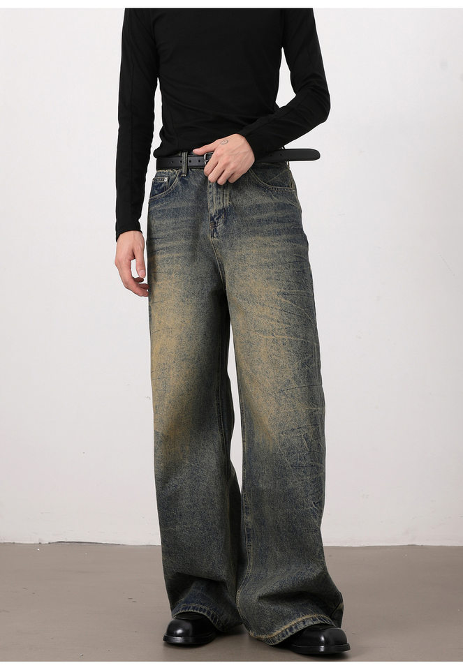 Quần jeans nam dáng rộng ống suông phong cách retro Mỹ, râu mèo xanh, giặt mài làm cũ — Xanh cổ điển chi tiết 12