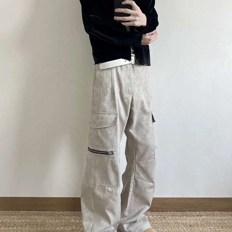 Cross-Border High-End Marble Second-Generation Dark Pattern Straight-Leg Slightly Flared Cargo Pants for Men with Zipper Pockets Casual