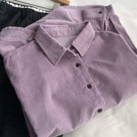 芋紫色慵懒休闲灯芯绒衬衫外套女秋冬复古气质翻领开衫衬衣均码棉