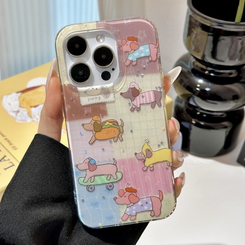 Perro salchicha de dibujos animados a cuadros de costura para Apple 15ProMax funda para teléfono móvil 16Pro brillo 14 femenino 13 nuevo 16P
