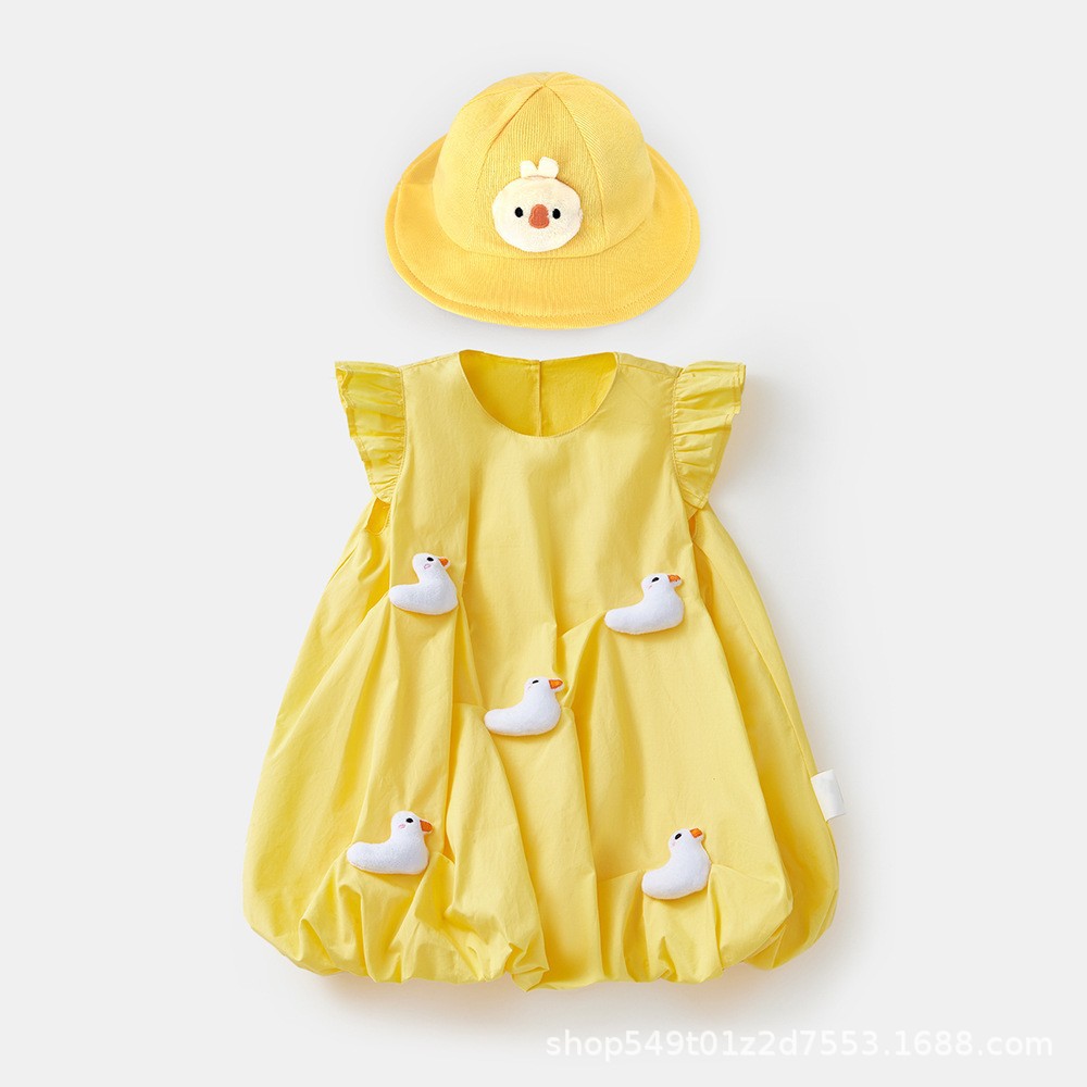 2025 Baby Girl Summer Little Yellow Duck Princess Dress Baby Dress 3692 Kidsren's Flying Sleeve Dress for Small and Medium-Sized Kidsren