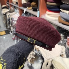 时尚重工皮带条绒显瘦贝雷帽子女休闲百搭冬保暖包头平顶帽画家帽