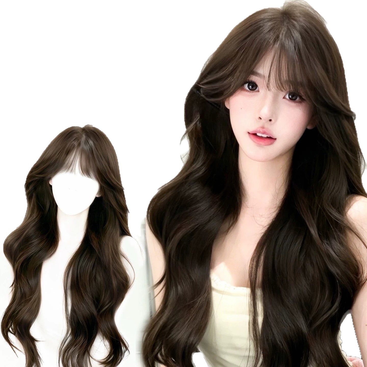 Parrucca elegante a testa piena in stile coreano per donna con cuoio capelluto naturale e onde voluminose