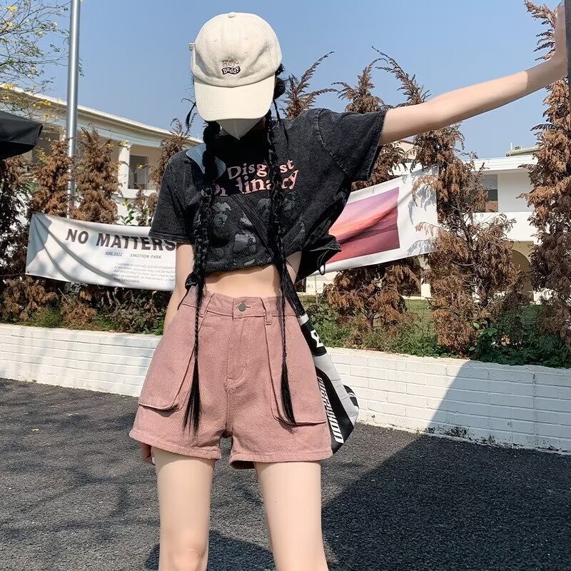 Dirty Pink American workwear Denim shorts women's new high waist slimming meat covering all-match straight A- line ins hot pants