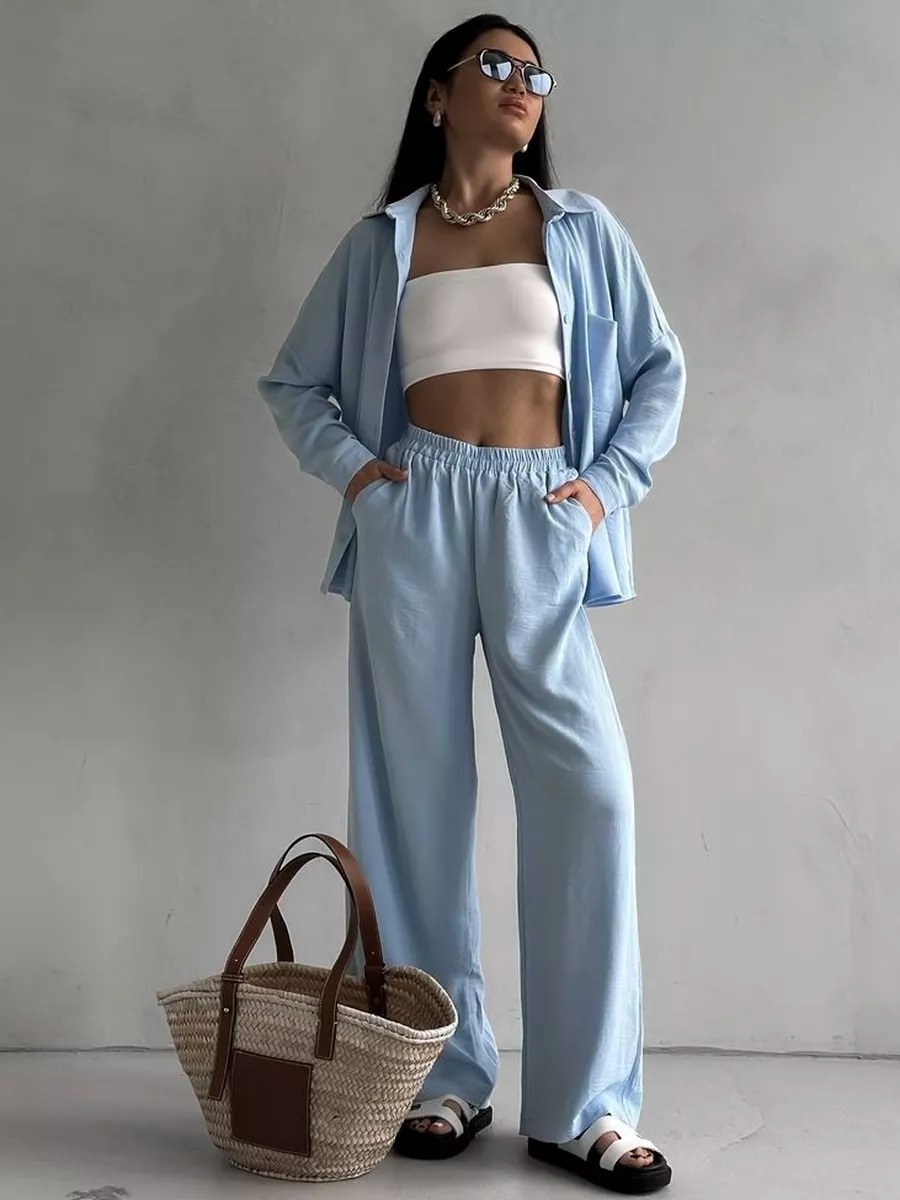 2026 Cross-Border European And American Women's Solid Color Cardigan Pocket Casual Wide-Leg Pants Set_ecoleips.com