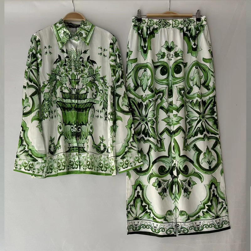 D home vintage printed acetic acid shirt two-piece 2024 new elastic waist wide leg pants fashion suit