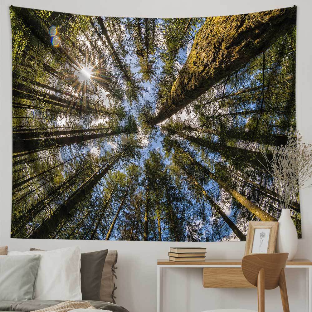 跨境新品北欧大自然风景绿色迷雾森林树林客厅房间床头出租屋挂毯