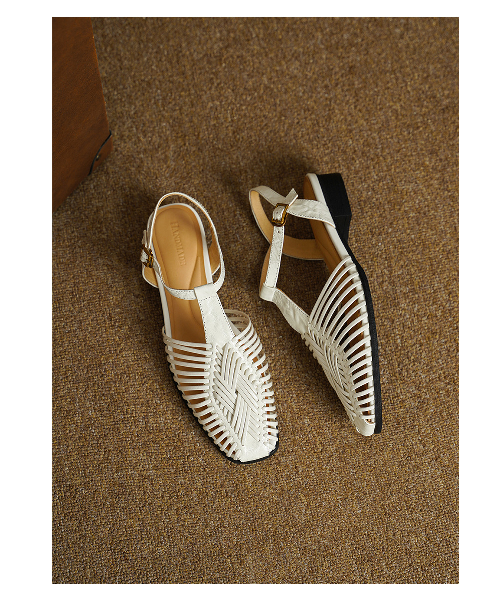 Sandal nữ quai dệt mảnh mũi vuông gót phẳng — màu nâu chi tiết 12