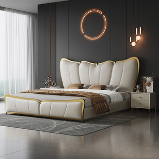 Light Luxury Genuine Leather Bed Double Bed Modern Minimalist Master Bedroom 1.8m Italian Soft Cover 2m Large Bed Leather Art Wedding Bed High-End