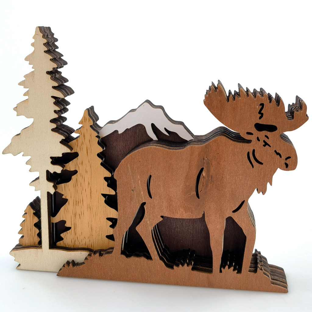 新品多层木质3D森林动物木制工艺品雪山树场景麋鹿家居摆件