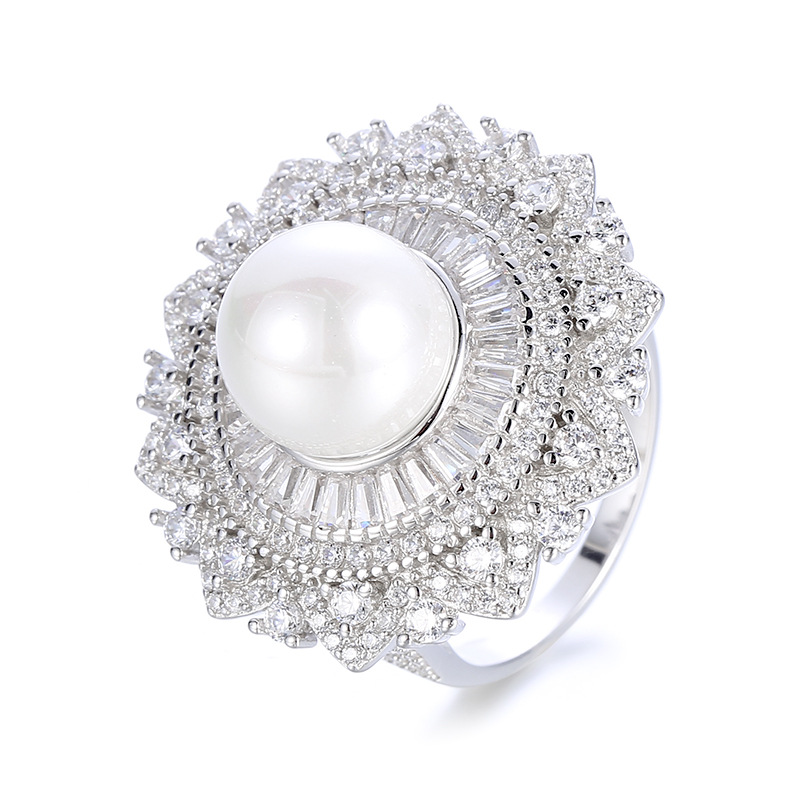 European and American fashion atmosphere 925 Sterling Silver Pearl women's ring inlaid with diamond jewelry ring noble atmosphere