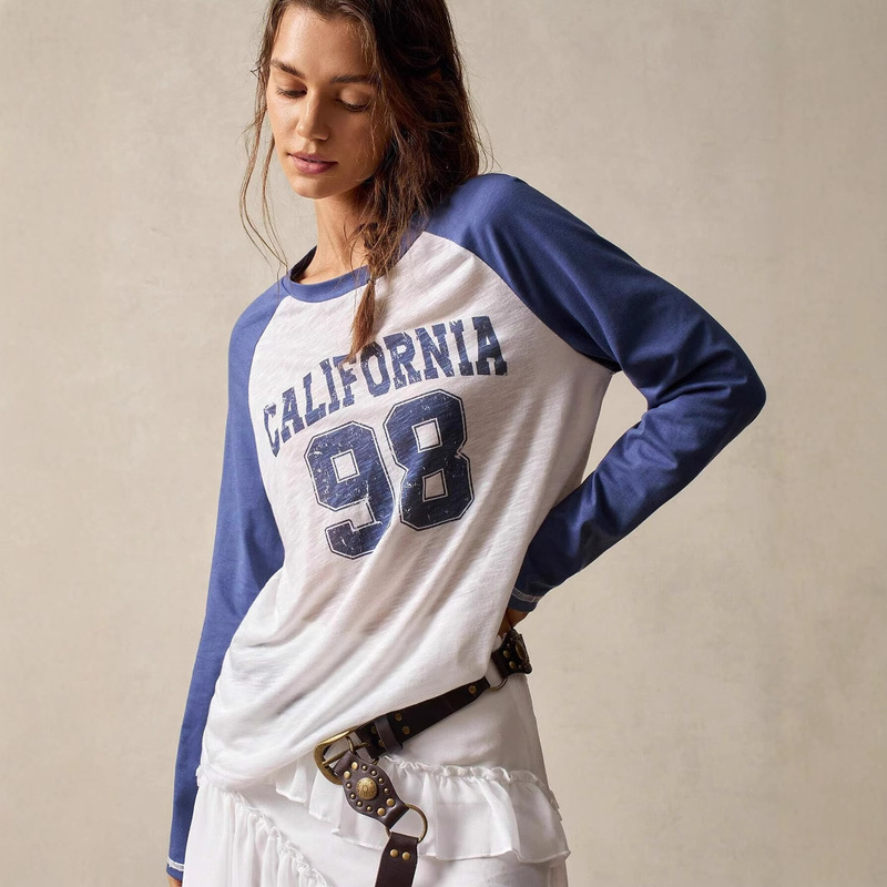 2025 European and American Cross-Border New Contrasting Color Digital Printed Long-Sleeved T-Shirt Loose Blouse See-Through Casual Versatile Outer Wear