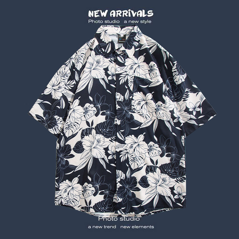 Camisa floral de manga corta Estilo de Hong Kong estilo retro de vetiver Estilo coreano moda guapo camisa de hombres y mujeres de moda y top de hadas