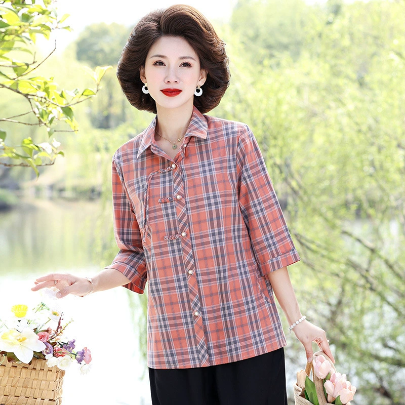 Хлопковая рубашка для мамы, новый весенне-осенний стиль, свободные топы для женщин среднего и пожилого возраста, клетчатая рубашка для пожилых бабушек.