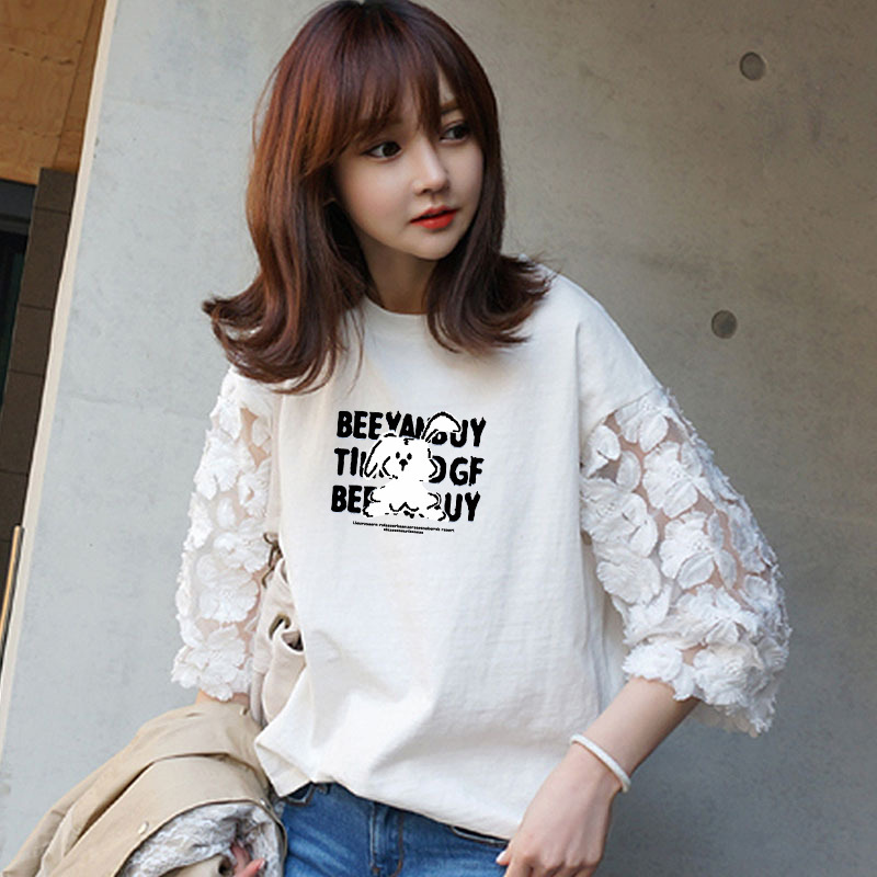 White T-shirt Women's Short-sleeved Loose Large Size Summer Fashionable Round Neck Stitching Lace Rabbit Printed Student Women's Cotton Top