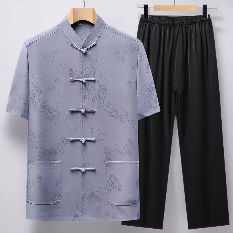 中国风中老年唐装男夏季短袖刺绣提花宽松大码爸爸装太极练功套装