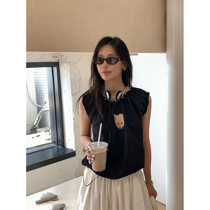 Huang Zheng Korean Style Super Cute and Sweet Lace Loose Sleeveless Short Top Women's Printed Tank Top 520681 Huang Zheng Korean Style Super Cute and Sweet Lace Loose Sleeveless Short Top Women's Printed Tank Top 520681