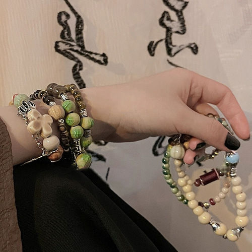 White Tea Qing Huan~Ethnic Style Ceramic Hand Bead Bracelet Women's New Chinese Style Ancient Style Niche Design Couple Accessories