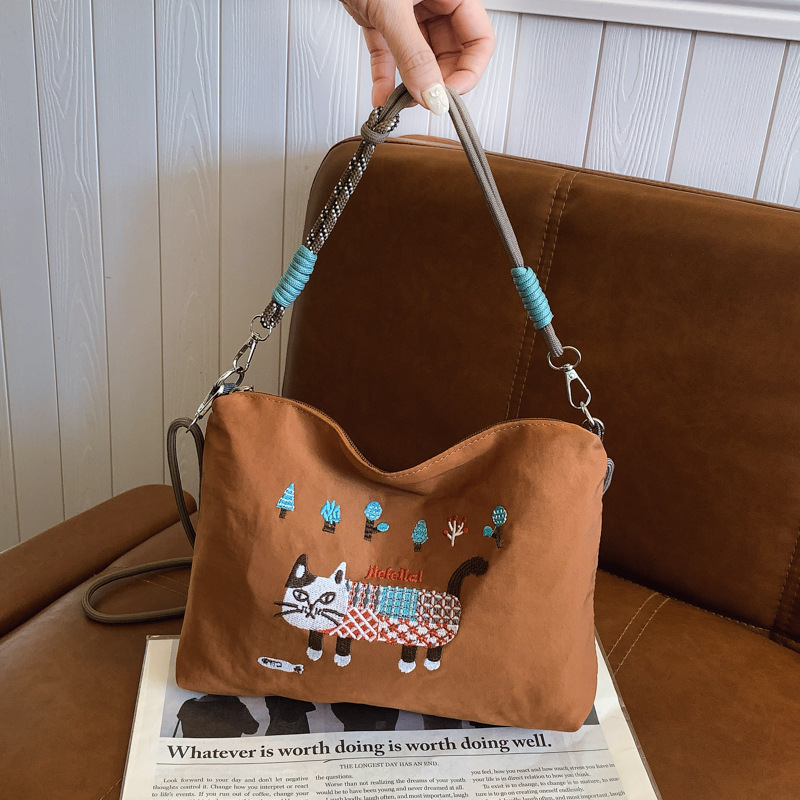 大容量春夏猫刺繍バッグ手提げ斜めショルダーバッグショッピングバッグ漫画ナイロンバッグ女|undefined