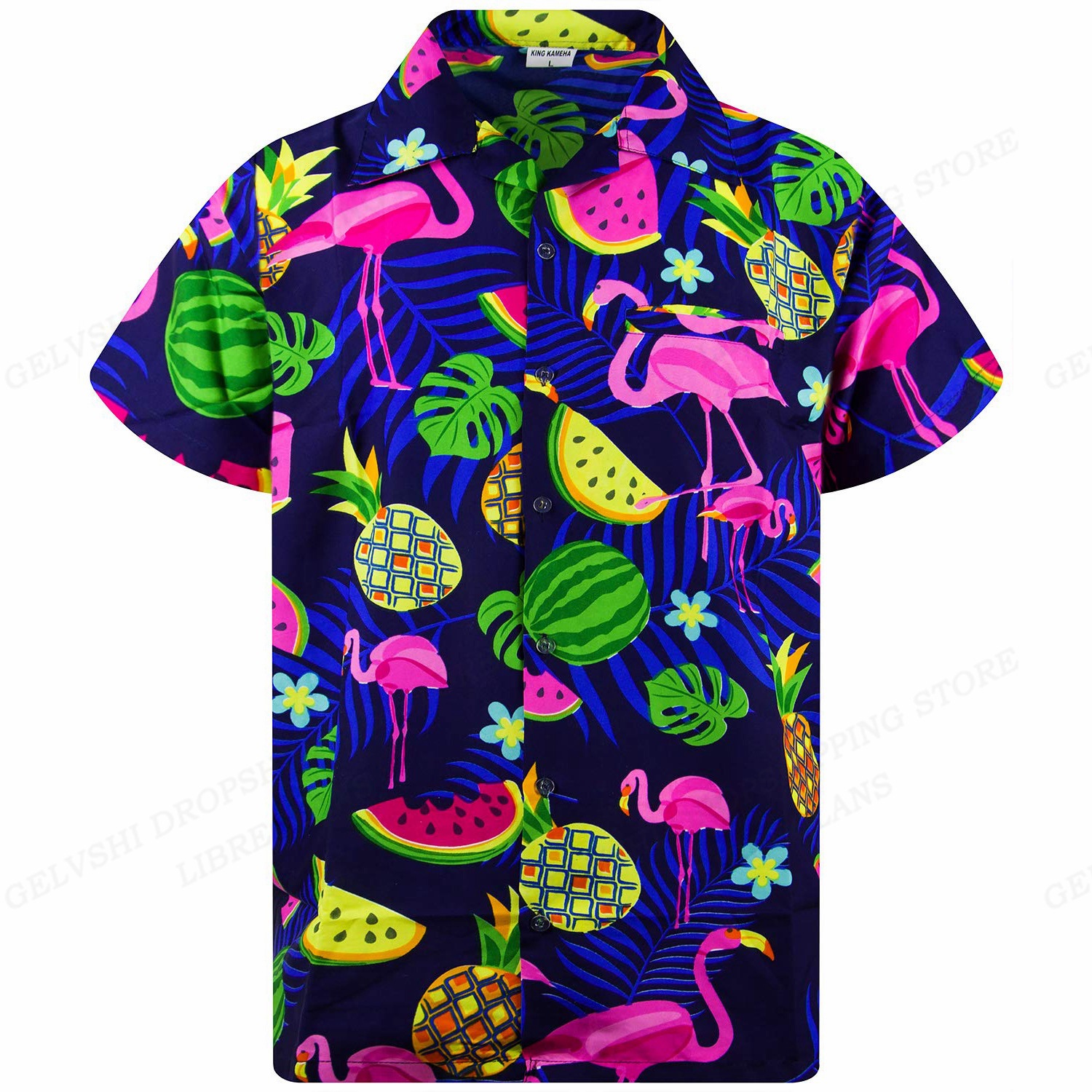 Moda y diversión grulla de corona roja color de contraste fruta estampado 3D hombre verano playa vacaciones suelta camisa hawaiana