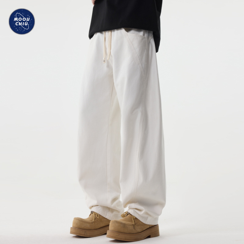 Muqiu Men's Wear | White Deconstructed Scimitar Jeans for Men, Loose Straight-Leg Design with Patchwork Wide-Leg Casual Pants
